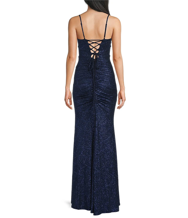 Honey and Rosie Glitter Patterned Lace Up Back Shirred Side Slit Dress