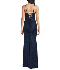 Honey and Rosie Glitter Patterned Lace Up Back Shirred Side Slit Dress