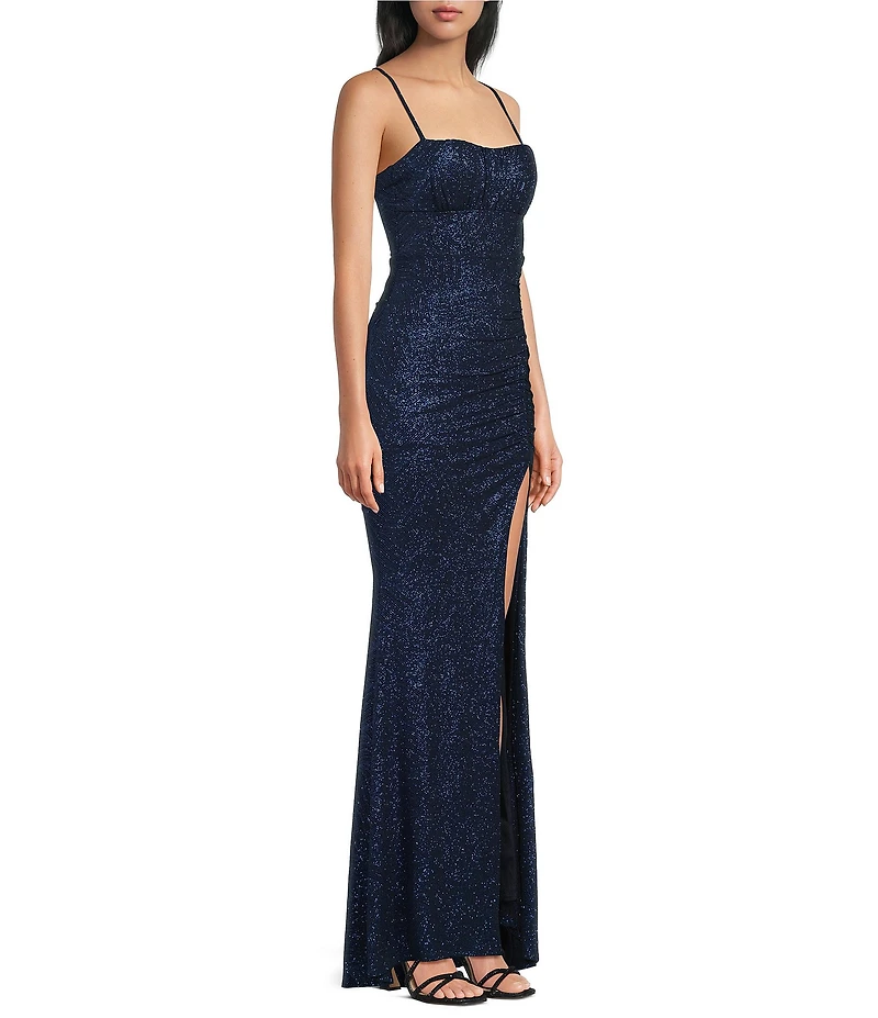 Honey and Rosie Glitter Patterned Lace Up Back Shirred Side Slit Dress