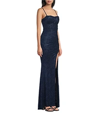 Honey and Rosie Glitter Patterned Lace Up Back Shirred Side Slit Dress