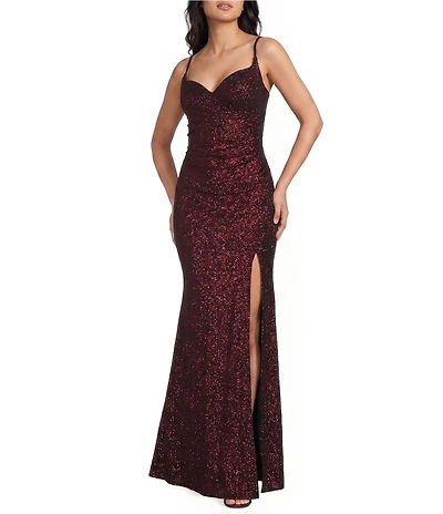 Honey and Rosie Glitter Patterned Shirred Side Slit Gown