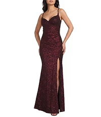 Honey and Rosie Glitter Patterned Shirred Side Slit Gown