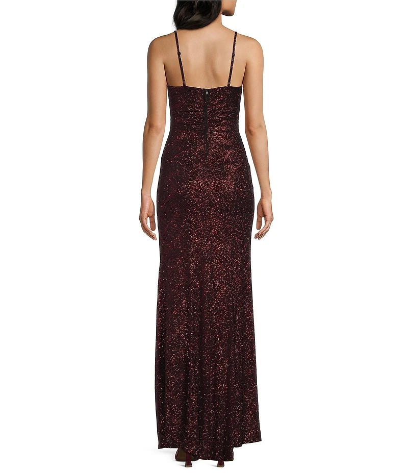 Honey and Rosie Glitter Patterned Shirred Side Slit Gown