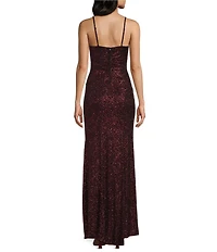 Honey and Rosie Glitter Patterned Shirred Side Slit Gown