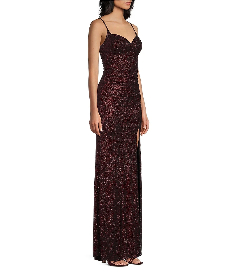 Honey and Rosie Glitter Patterned Shirred Side Slit Gown