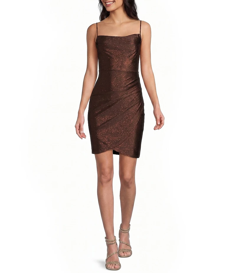 Honey and Rosie Glitter Pleated Cowl Neck Asymmetric Wrap Tie Back Dress