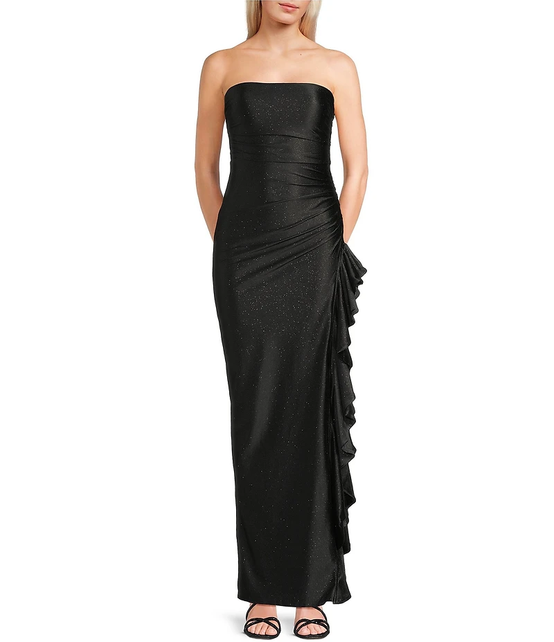 Honey and Rosie Glitter Satin Strapless Cascading Ruffle Side Slit Dress