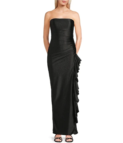 Honey and Rosie Glitter Satin Strapless Cascading Ruffle Side Slit Dress