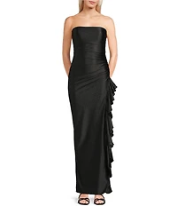 Honey and Rosie Glitter Satin Strapless Cascading Ruffle Side Slit Dress