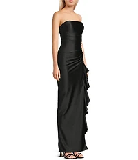 Honey and Rosie Glitter Satin Strapless Cascading Ruffle Side Slit Dress