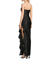 Honey and Rosie Glitter Satin Strapless Cascading Ruffle Side Slit Dress