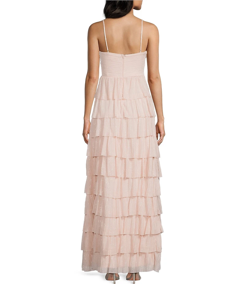 Honey and Rosie Glitter Sheer Matte Jersey Twist Front Keyhole Pleated Ruffle Tiered Gown