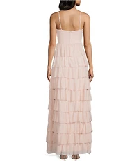 Honey and Rosie Glitter Sheer Matte Jersey Twist Front Keyhole Pleated Ruffle Tiered Gown
