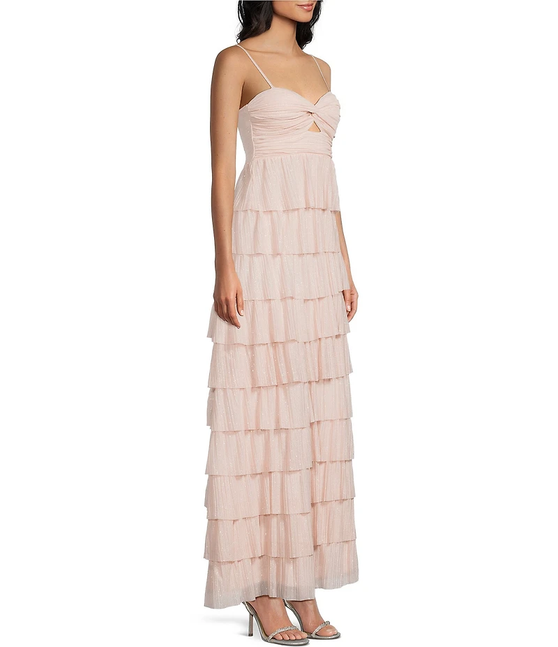 Honey and Rosie Glitter Sheer Matte Jersey Twist Front Keyhole Pleated Ruffle Tiered Gown