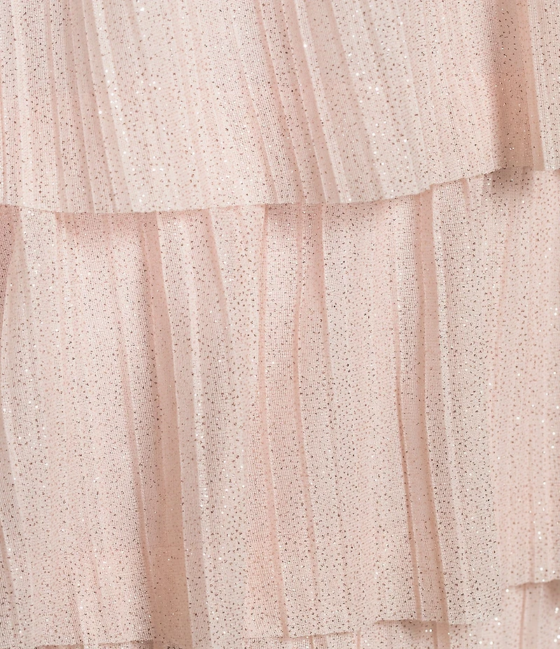 Honey and Rosie Glitter Sheer Matte Jersey Twist Front Keyhole Pleated Ruffle Tiered Gown