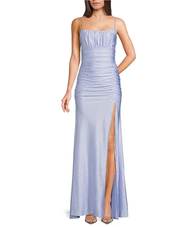 Honey and Rosie Glitter Square Neck Shirred Bust Ruched Side Slit Dress