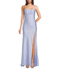 Honey and Rosie Glitter Square Neck Shirred Bust Ruched Side Slit Dress