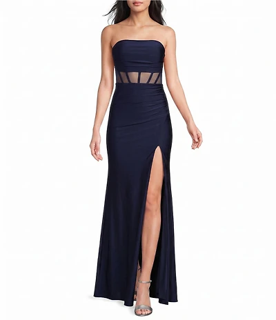 Honey and Rosie Glitter Strapless Mesh Corseted Shirred Side Slit Dress