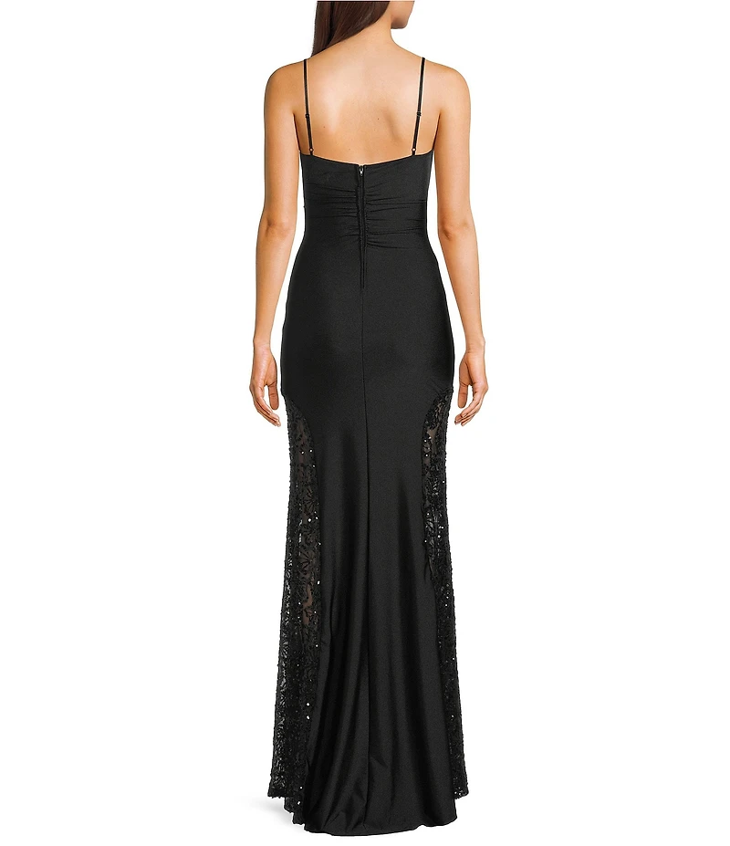 Honey and Rosie Glitter Strapless Pleated Mesh Corseted Mesh Shirred Side Slit Dress