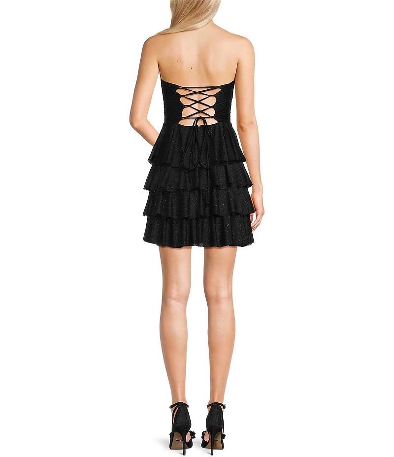 Honey and Rosie Glitter Strapless Tiered Fit-And-Flare Lace Up Back Dress