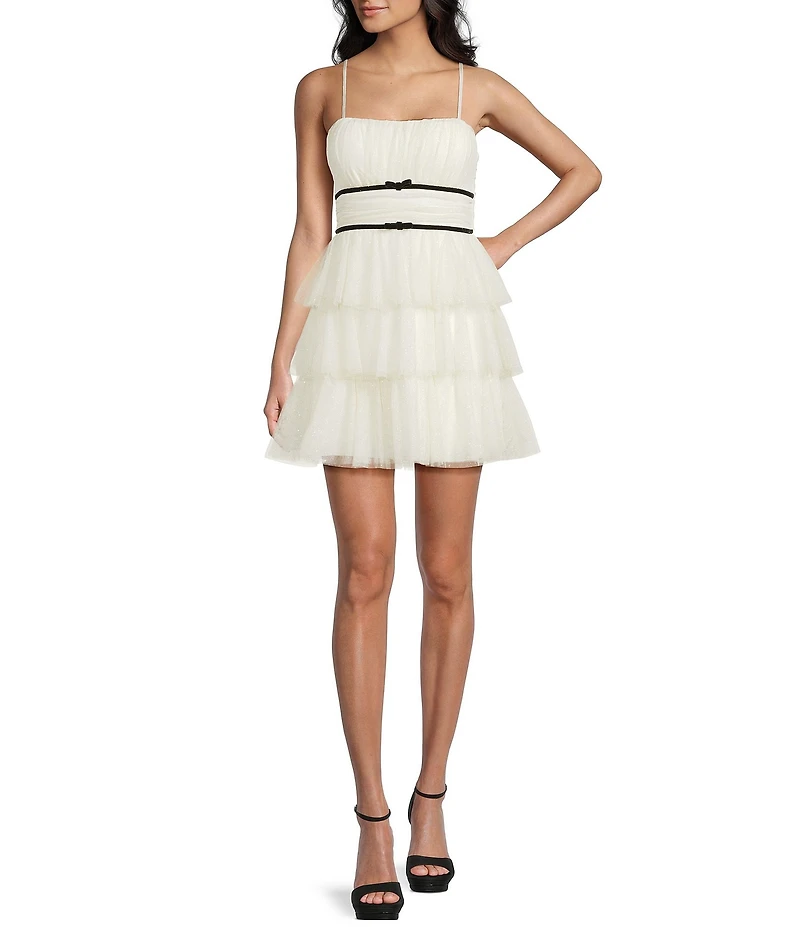 Honey and Rosie Glitter Velvet Bow Trim Tiered Dress