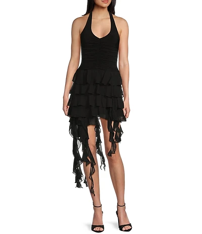 Honey and Rosie Halter Neck Tie Back Corkscrew Skirt Dress