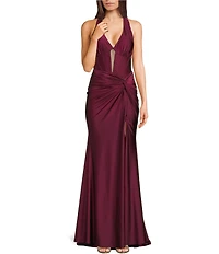 Honey and Rosie Halter Tie Back Neck Illusion Corseted Twist Side Slit Dress