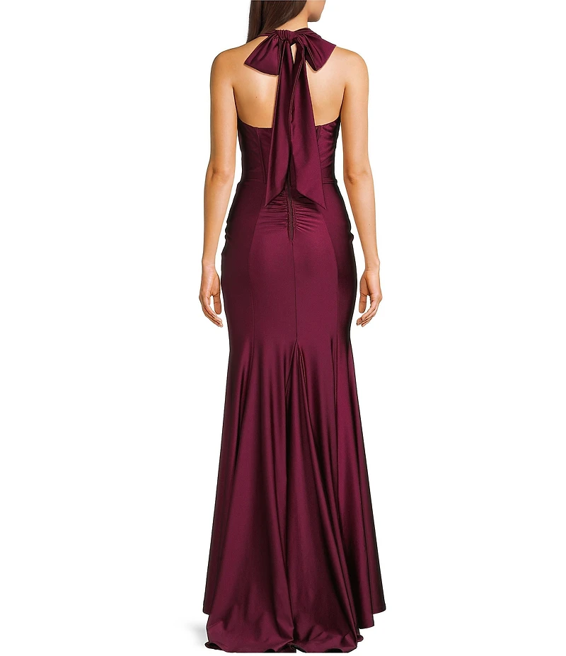 Honey and Rosie Halter Tie Back Neck Illusion Corseted Twist Side Slit Dress