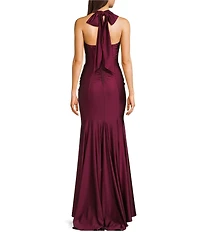 Honey and Rosie Halter Tie Back Neck Illusion Corseted Twist Side Slit Dress