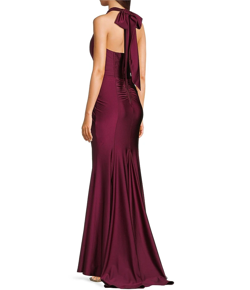 Honey and Rosie Halter Tie Back Neck Illusion Corseted Twist Side Slit Dress