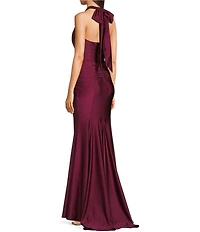 Honey and Rosie Halter Tie Back Neck Illusion Corseted Twist Side Slit Dress