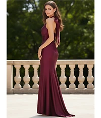 Honey and Rosie Halter Tie Back Neck Illusion Corseted Twist Side Slit Dress