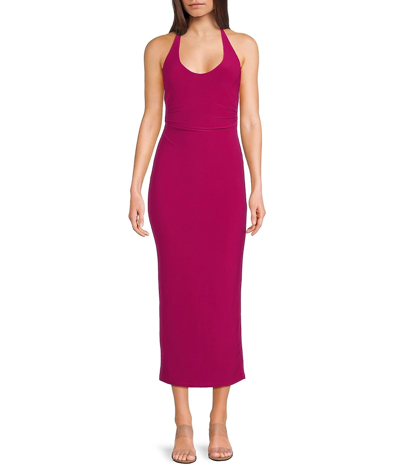 Honey and Rosie Halter V-Neck Tie Back Bodycon Midi Dress