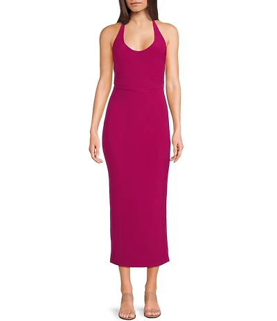 Honey and Rosie Halter V-Neck Tie Back Bodycon Midi Dress