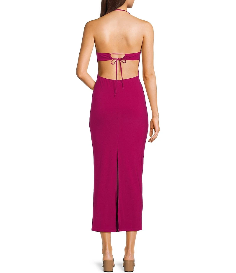 Honey and Rosie Halter V-Neck Tie Back Bodycon Midi Dress
