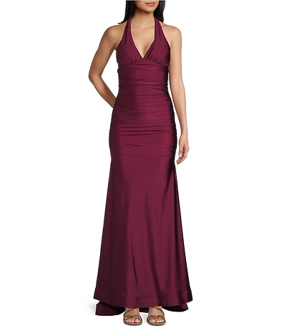 Honey and Rosie Halter V-Neck Tie Back Cummerbund Waist Gown