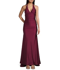 Honey and Rosie Halter V-Neck Tie Back Cummerbund Waist Gown