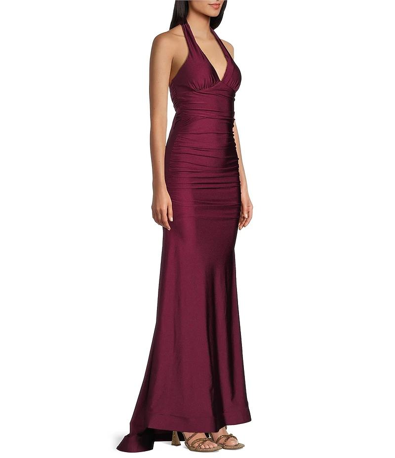 Honey and Rosie Halter V-Neck Tie Back Cummerbund Waist Gown