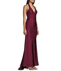 Honey and Rosie Halter V-Neck Tie Back Cummerbund Waist Gown