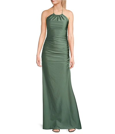 Honey and Rosie High Neck Criss Cross Back Shirred Gown