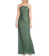 Honey and Rosie High Neck Criss Cross Back Shirred Gown