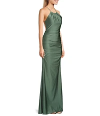 Honey and Rosie High Neck Criss Cross Back Shirred Gown