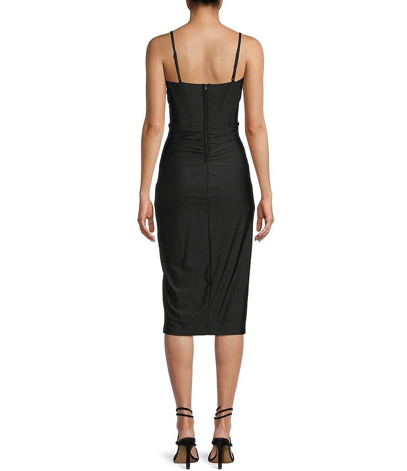 Honey and Rosie Illusion Corset Inspired Bodice Side Slit Flitted Midi Dress