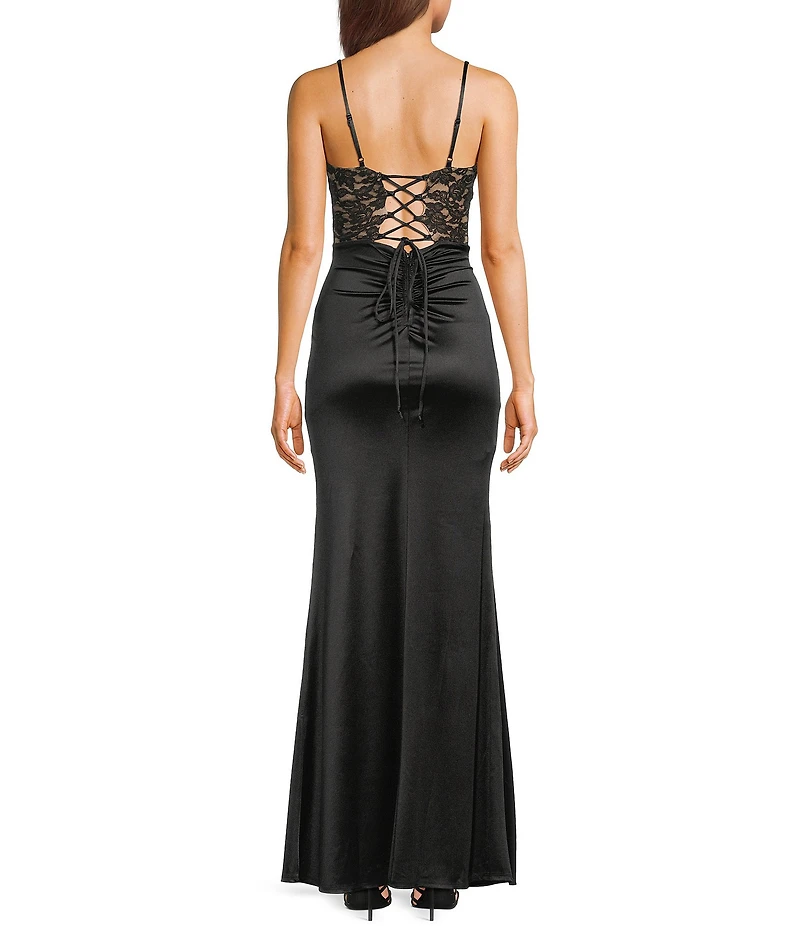 Honey and Rosie Lace Bodice Side Slit Ruffle Satin Mermaid Gown