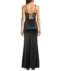 Honey and Rosie Lace Bodice Side Slit Ruffle Satin Mermaid Gown