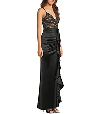 Honey and Rosie Lace Bodice Side Slit Ruffle Satin Mermaid Gown
