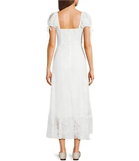 Honey and Rosie Lace Square Neck Cap Sleeve Hi-Low Ruffle Hem Midi Dress