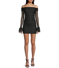 Honey and Rosie Mesh Off The Shoulder Long Ruffle Sleeve Shirred Bodycon Dress