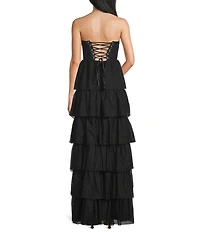 Honey and Rosie Mesh Strapless Sweetheart Neck Corseted Lace Up Back Tiered Ruffle Dress