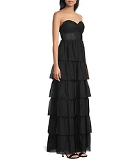 Honey and Rosie Mesh Strapless Sweetheart Neck Corseted Lace Up Back Tiered Ruffle Dress